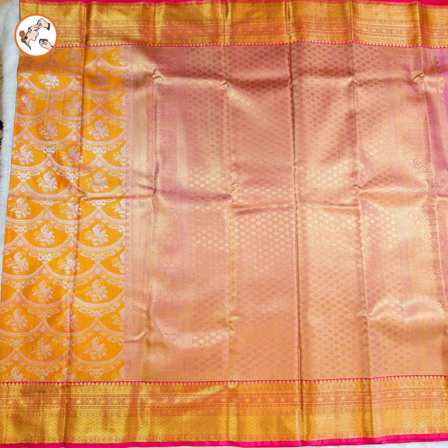 Mango Yellow with Pink border Kanchipuram Tissue Silk Saree