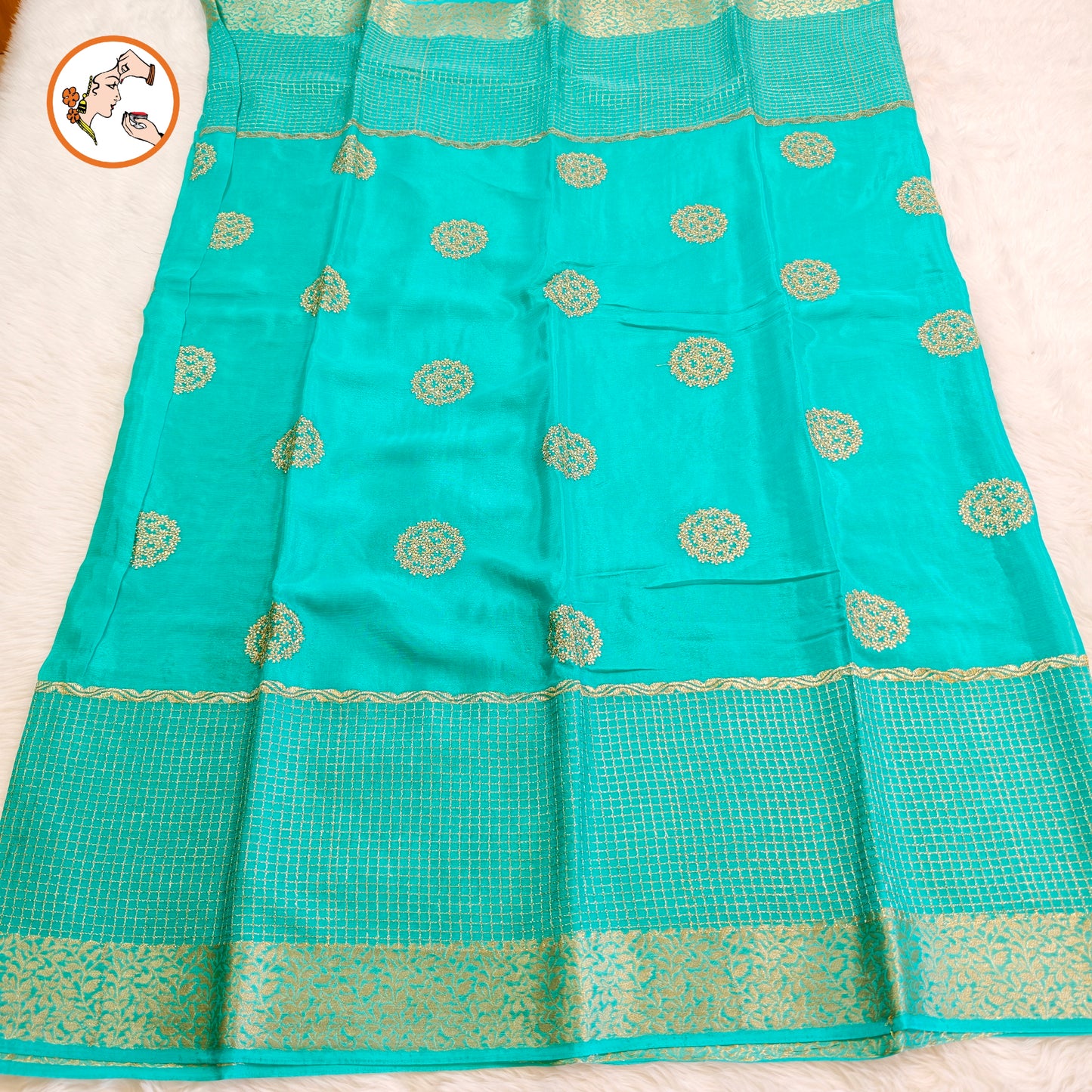 Sky Blue Golden Embriodery Premium Wrinkle Chiffon Georgette Designer Saree