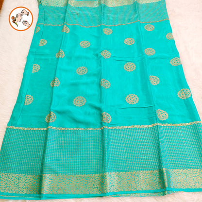 Sky Blue Golden Embriodery Premium Wrinkle Chiffon Georgette Designer Saree