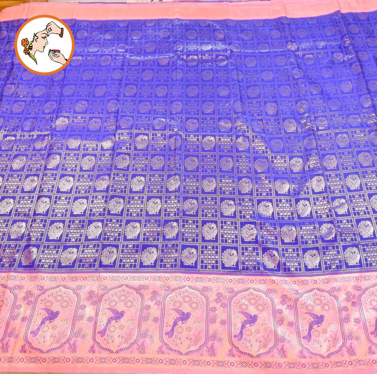 Royal Blue with baby Pink Fancy border peacock motif & checks (kattam) design Kanchipuram mix Silk Saree