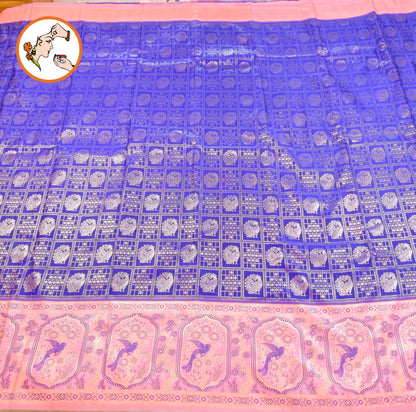 Royal Blue with baby Pink Fancy border peacock motif & checks (kattam) design Kanchipuram mix Silk Saree