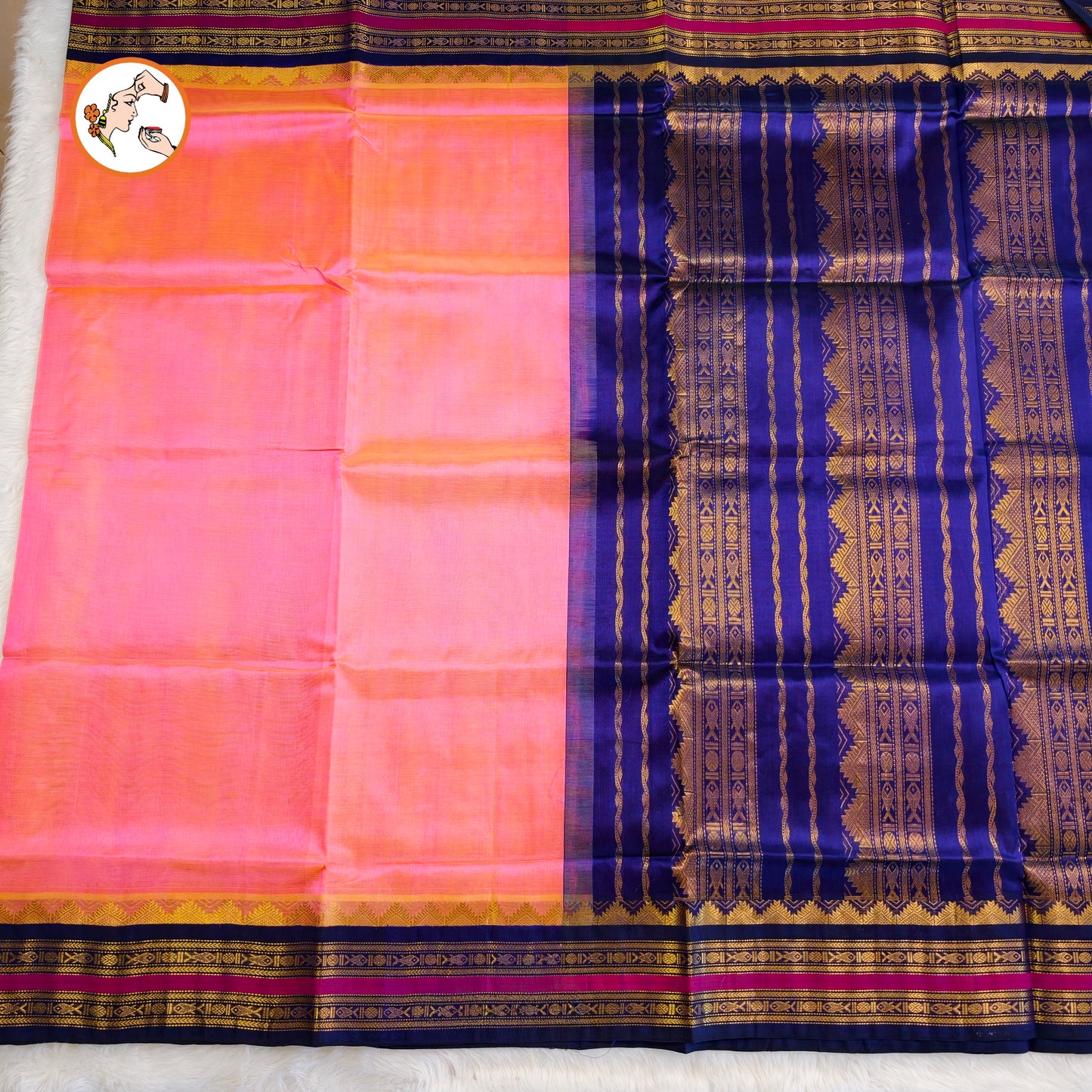 Peachy Pink Traditional Pure Silk Cotton Saree with Royal Blue border