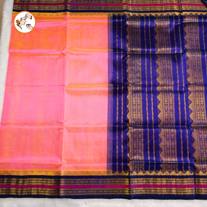 Peachy Pink Traditional Pure Silk Cotton Saree with Royal Blue border