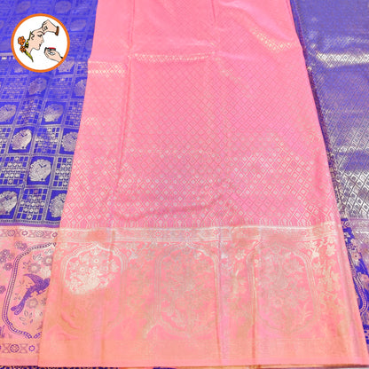 Royal Blue with baby Pink Fancy border peacock motif & checks (kattam) design Kanchipuram mix Silk Saree