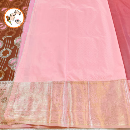 Coffee Brown with Pink Fancy border Meenakari weaving Silver zari Kanchipuram Mix Silk Saree