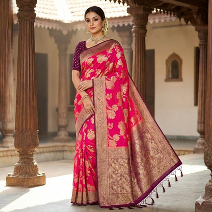 Pink with Maroon border floral Jaal design Banarasi Silk Saree (Light Weight)