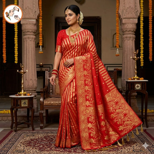 Red borderless Golden stripes Peacock motif Fancy Silk Saree