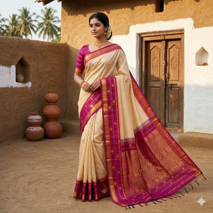 Cream/Beige Classic Checkered pattern (Podi Kattam) Purple border Pure Handloom Silk Cotton Saree