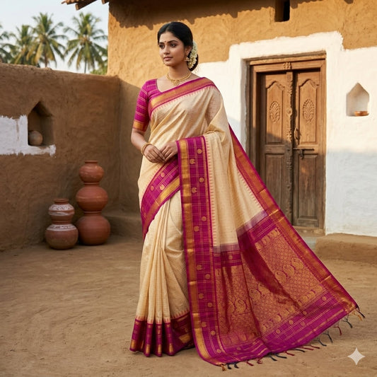 Cream/Beige Classic Checkered pattern (Podi Kattam) Purple border Pure Handloom Silk Cotton Saree