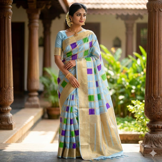 Ice Blue multicolour checks Rangkat Soft Banarasi Silk Partywear Saree (Light Weight)