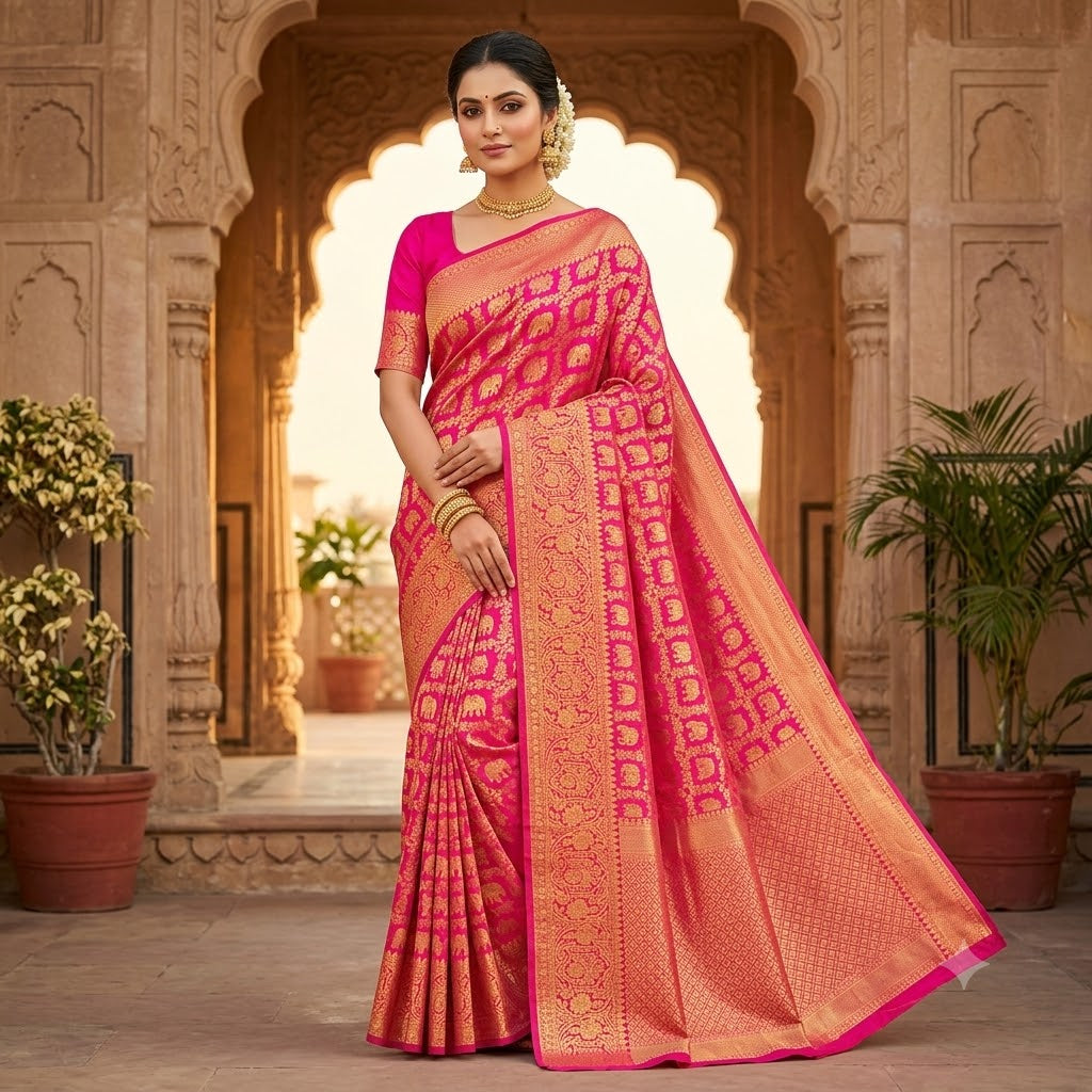 Magenta Pink Kanchipuram mix Silk Saree with elephant & peacock motif & gold zari Floral weaving border