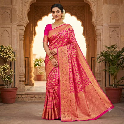 Magenta Pink Kanchipuram mix Silk Saree with elephant & peacock motif & gold zari Floral weaving border