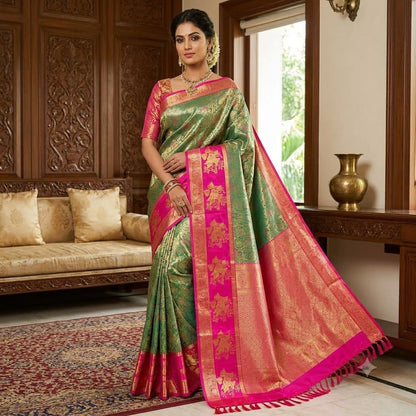 Dark Green with Magenta Floral border intricate Gold zari Floral weaving Kanchipuram Bridal High Tissue Silk Saree
