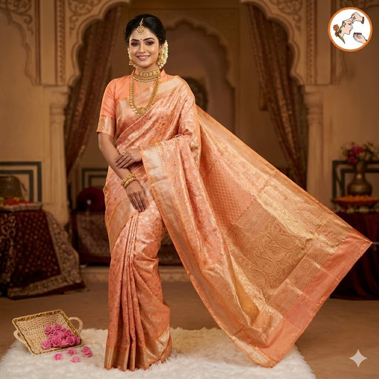 Peach colour Kanchipuram Tissue Silk Saree