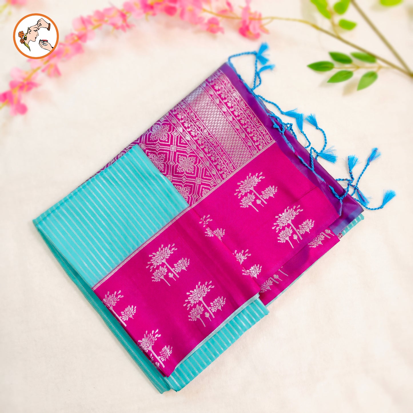 Sky Blue with Purple Soft Silk Saree with Stripes & fancy border