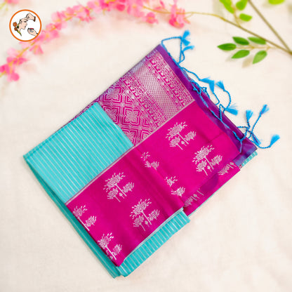 Sky Blue with Purple Soft Silk Saree with Stripes & fancy border
