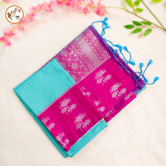 Sky Blue with Purple Soft Silk Saree with Stripes & fancy border