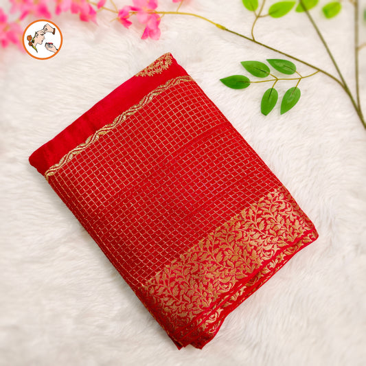 Red Colour Golden Embriodery Premium Wrinkle Chiffon Georgette Designer Saree