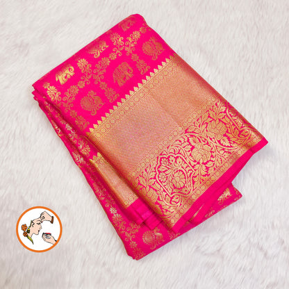 Magenta Pink Kanchipuram mix Silk Saree with elephant & peacock motif & gold zari Floral weaving border