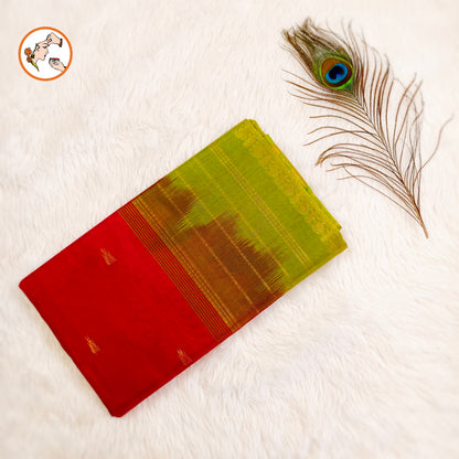 Red Traditional Pure Silk Cotton Saree with Green Peacock border