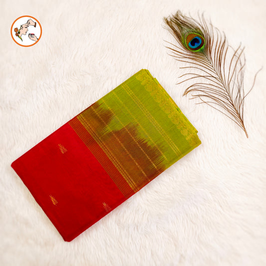 Red Traditional Pure Silk Cotton Saree with Green Peacock border