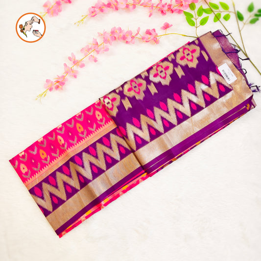 Dark Pink Pochampally Silk Saree with contrast Purple border