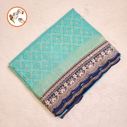 Sky Blue with Dark Blue lace border Banarasi Silk Partywear Saree