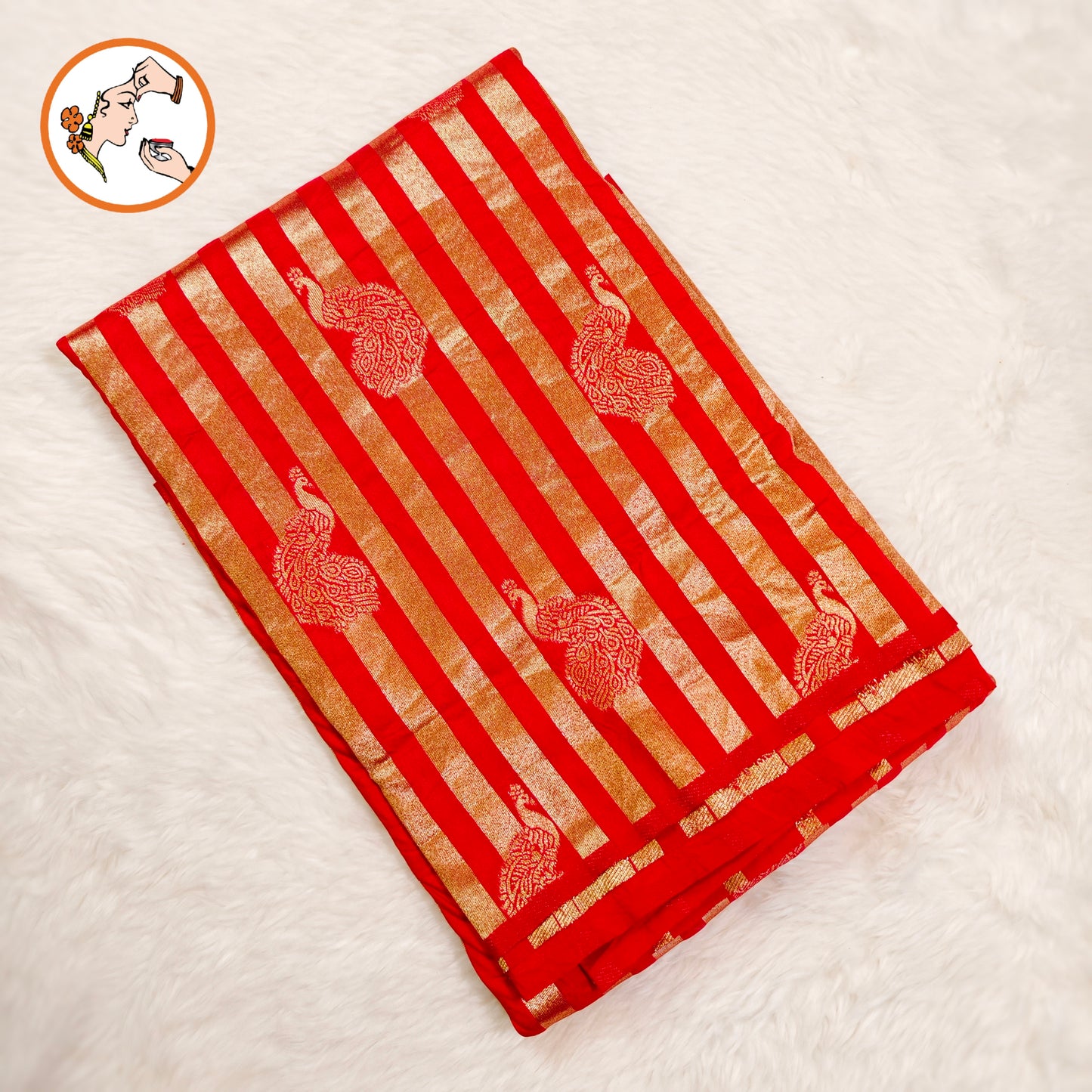Red borderless Golden stripes Peacock motif Fancy Silk Saree