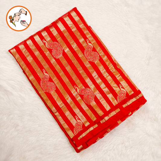 Red borderless Golden stripes Peacock motif Fancy Silk Saree