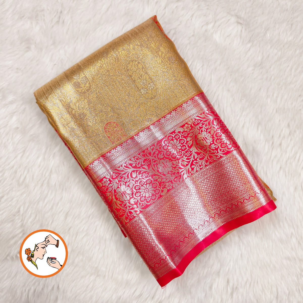 Golden with Red border High tIssue Kanchipuram Silk Saree
