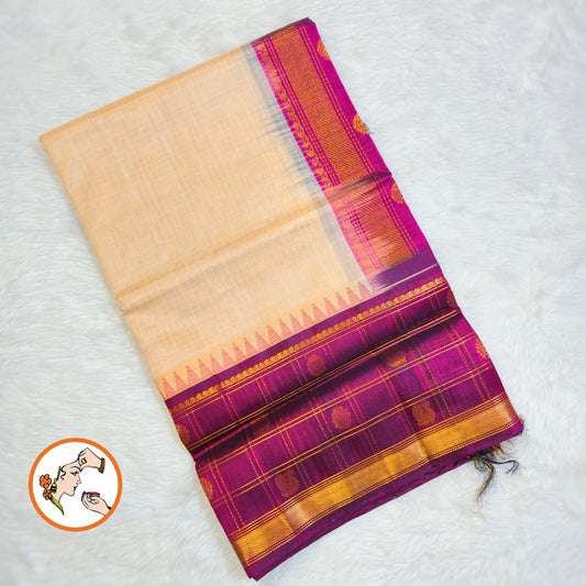 Cream/Beige Classic Checkered pattern (Podi Kattam) Purple border Pure Handloom Silk Cotton Saree