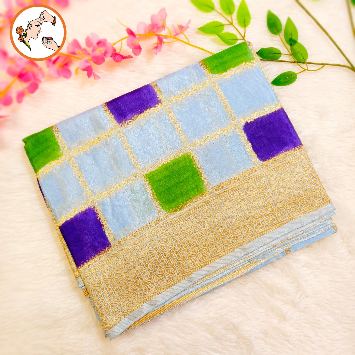 Ice Blue multicolour checks Rangkat Soft Banarasi Silk Partywear Saree (Light Weight)