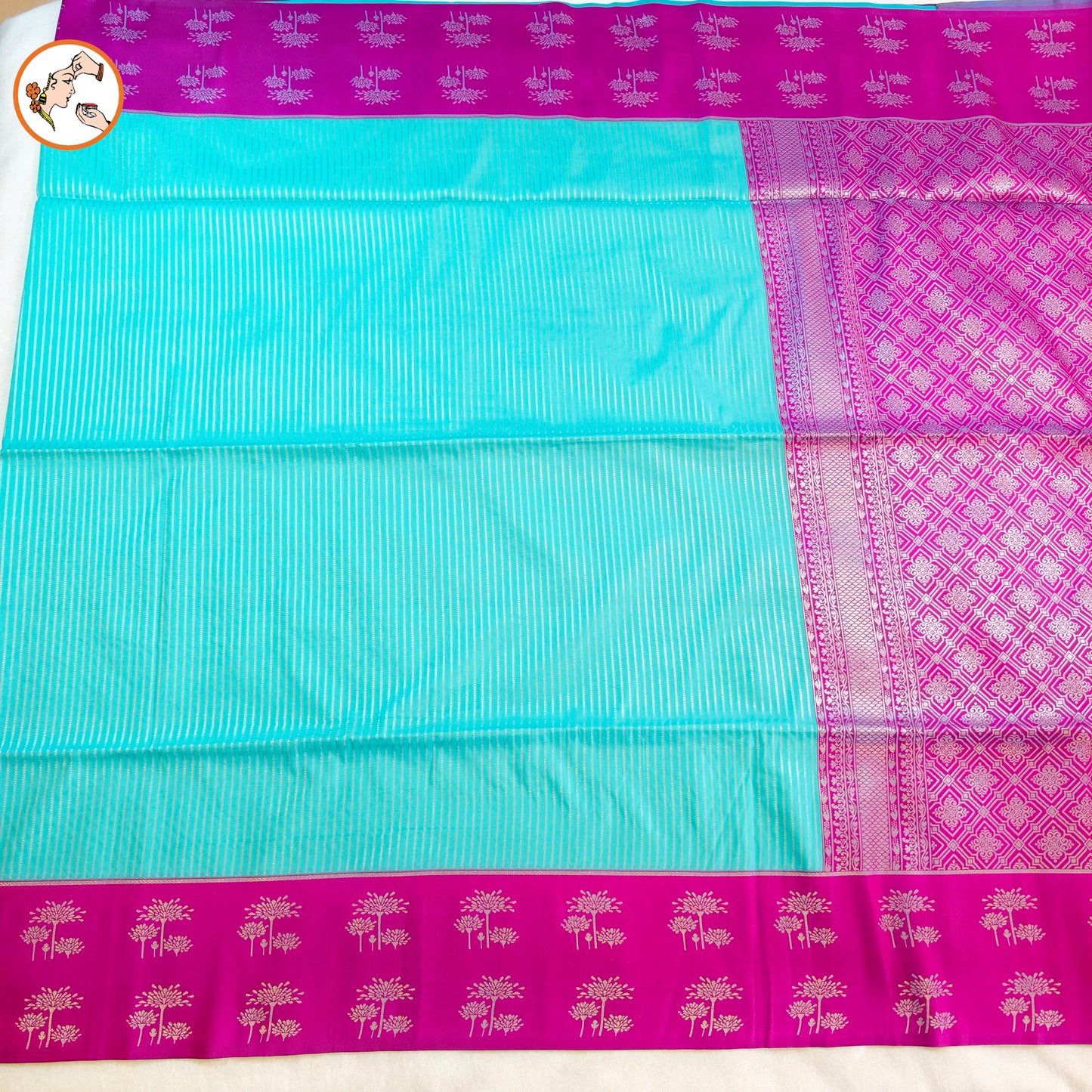 Sky Blue with Purple Soft Silk Saree with Stripes & fancy border