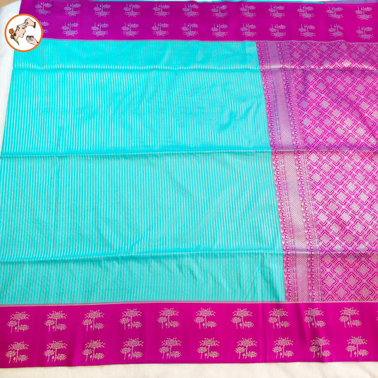 Sky Blue with Purple Soft Silk Saree with Stripes & fancy border