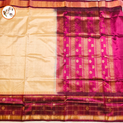 Cream/Beige Classic Checkered pattern (Podi Kattam) Purple border Pure Handloom Silk Cotton Saree