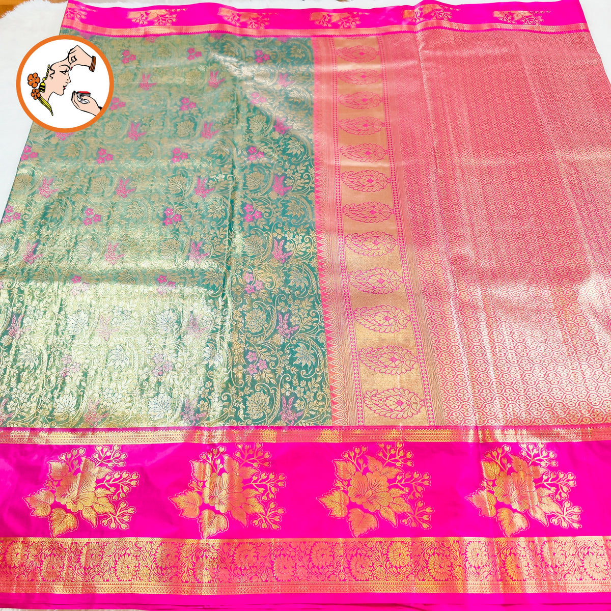 Dark Green with Magenta Floral border intricate Gold zari Floral weaving Kanchipuram Bridal High Tissue Silk Saree
