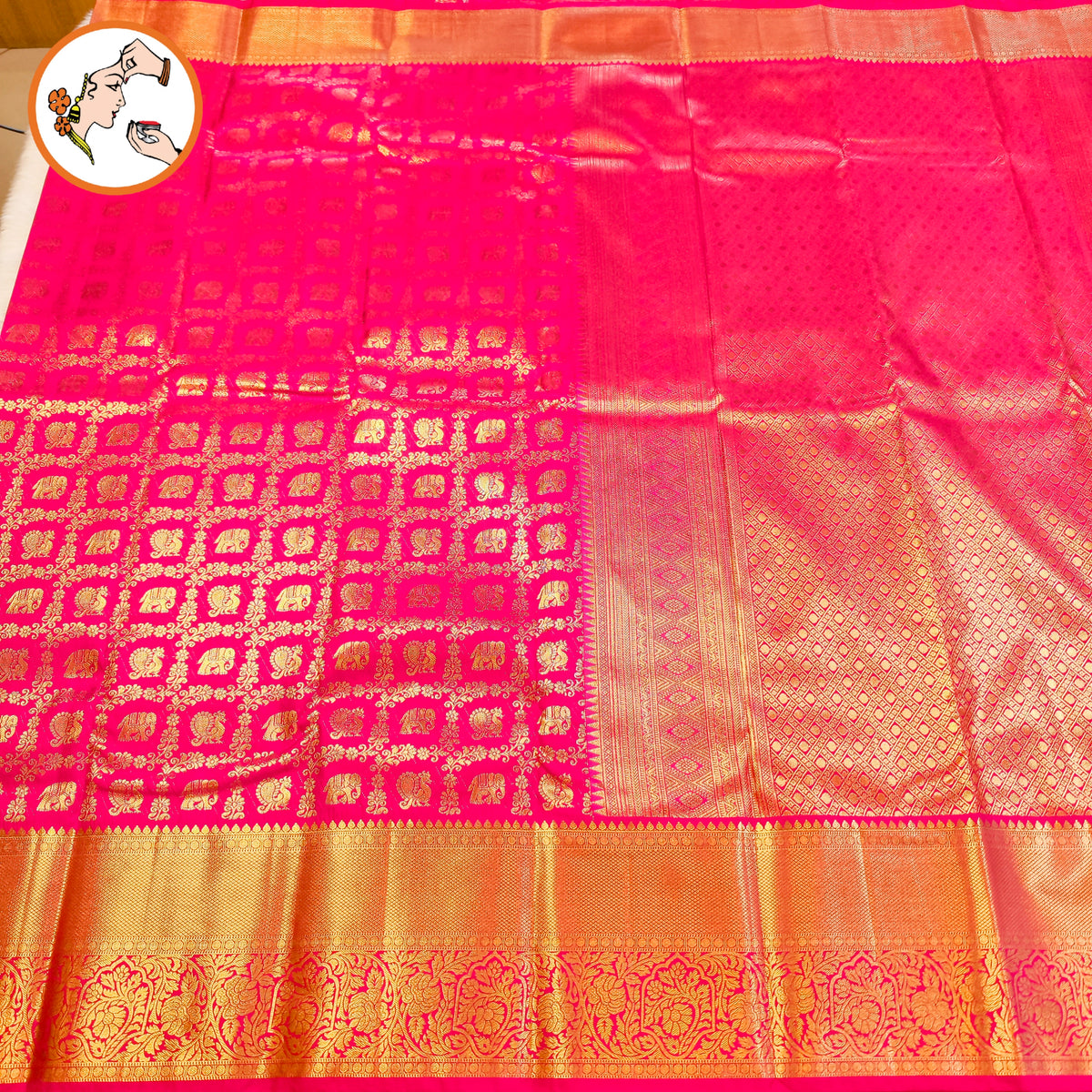 Magenta Pink Kanchipuram mix Silk Saree with elephant & peacock motif & gold zari Floral weaving border