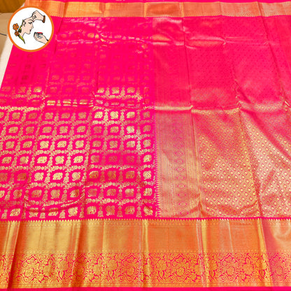 Magenta Pink Kanchipuram mix Silk Saree with elephant & peacock motif & gold zari Floral weaving border