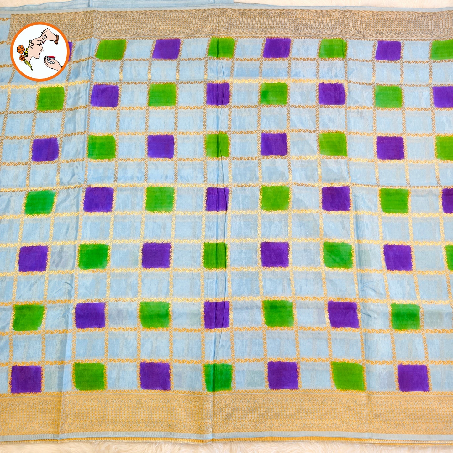 Ice Blue multicolour checks Rangkat Soft Banarasi Silk Partywear Saree (Light Weight)