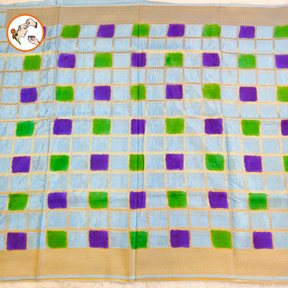 Ice Blue multicolour checks Rangkat Soft Banarasi Silk Partywear Saree (Light Weight)