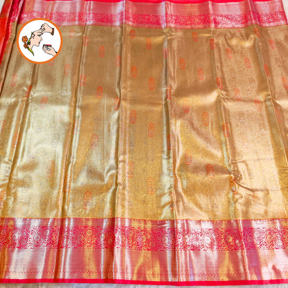 Golden with Red border High tIssue Kanchipuram Silk Saree