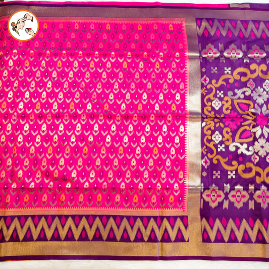 Dark Pink Pochampally Silk Saree with contrast Purple border