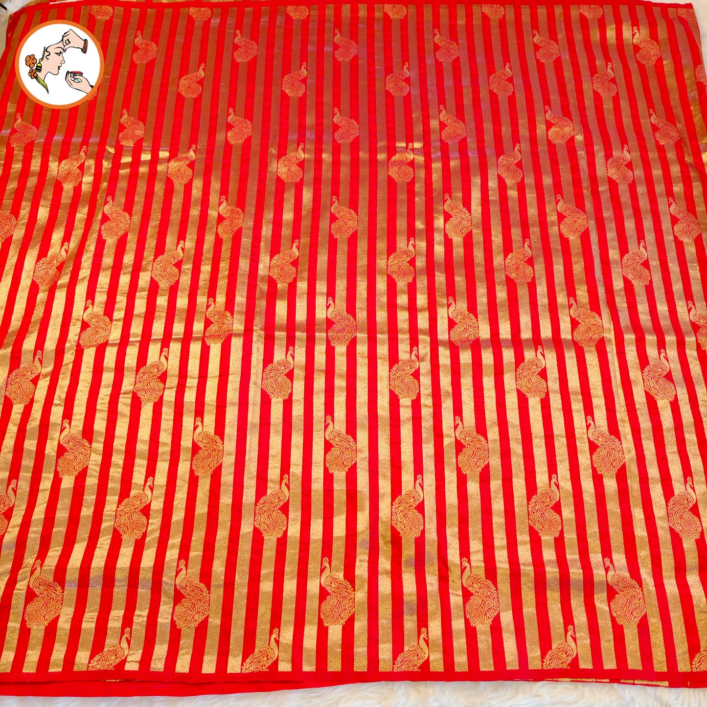 Red borderless Golden stripes Peacock motif Fancy Silk Saree
