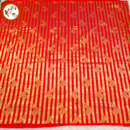 Red borderless Golden stripes Peacock motif Fancy Silk Saree