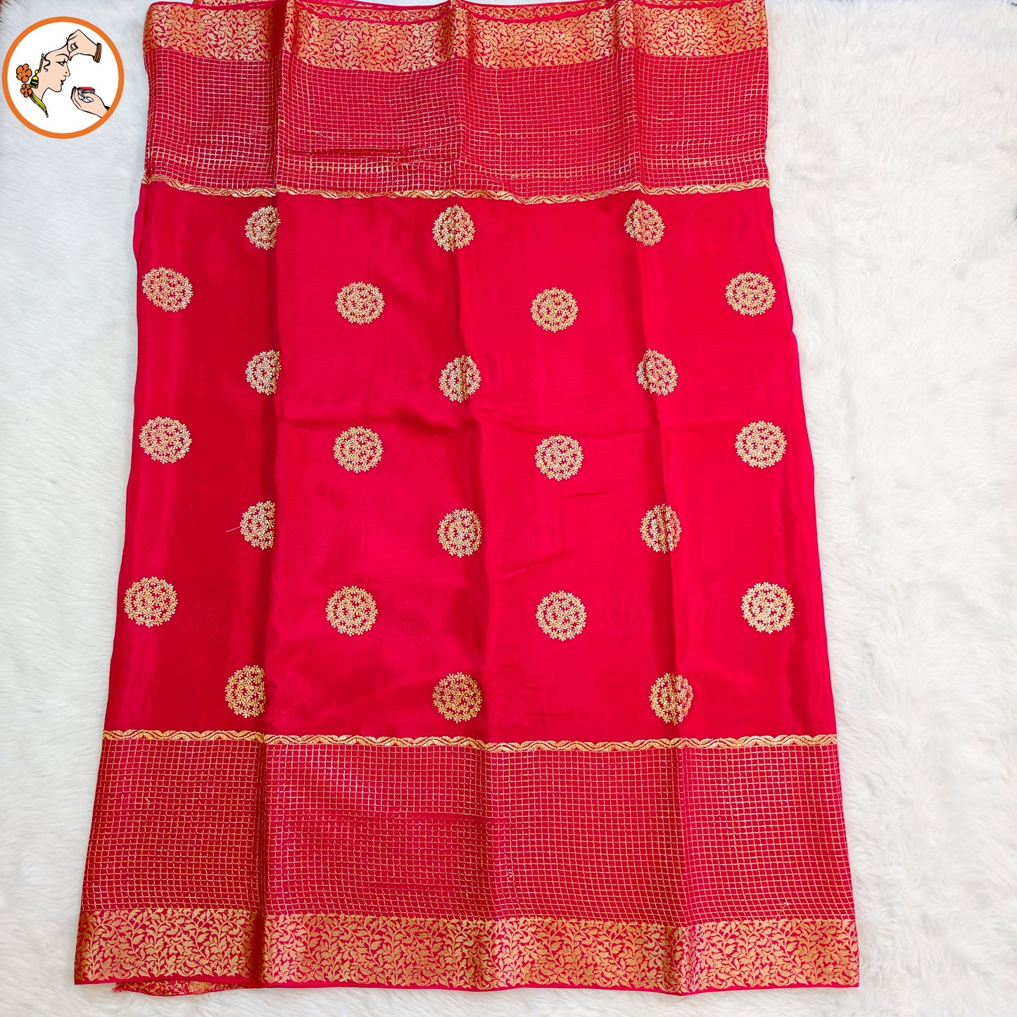 Red Colour Golden Embriodery Premium Wrinkle Chiffon Georgette Designer Saree