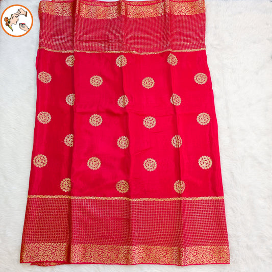 Red Colour Golden Embriodery Premium Wrinkle Chiffon Georgette Designer Saree
