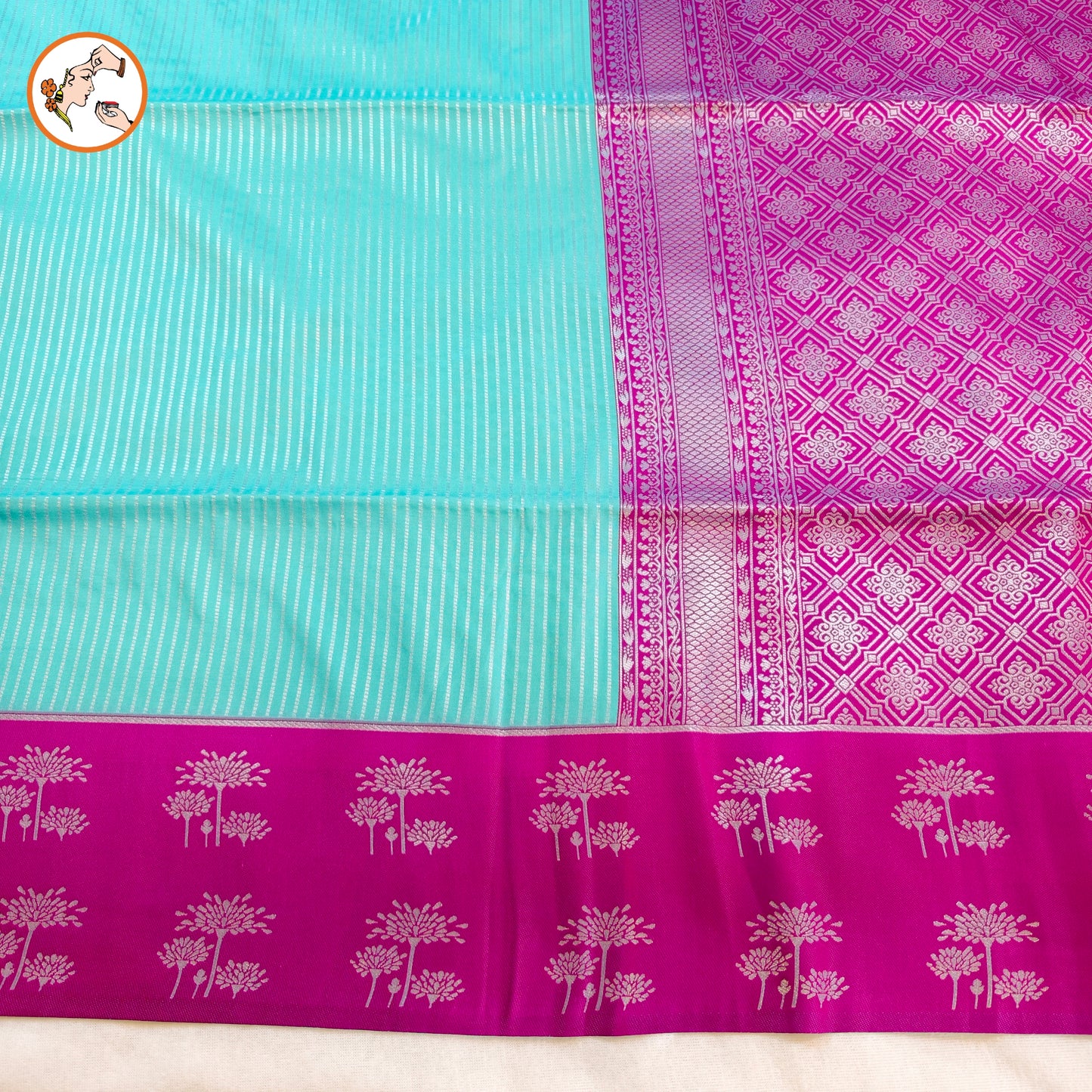 Sky Blue with Purple Soft Silk Saree with Stripes & fancy border