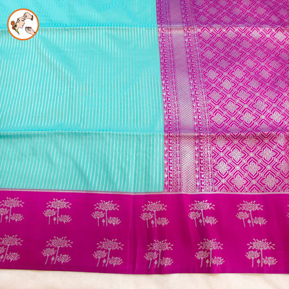 Sky Blue with Purple Soft Silk Saree with Stripes & fancy border