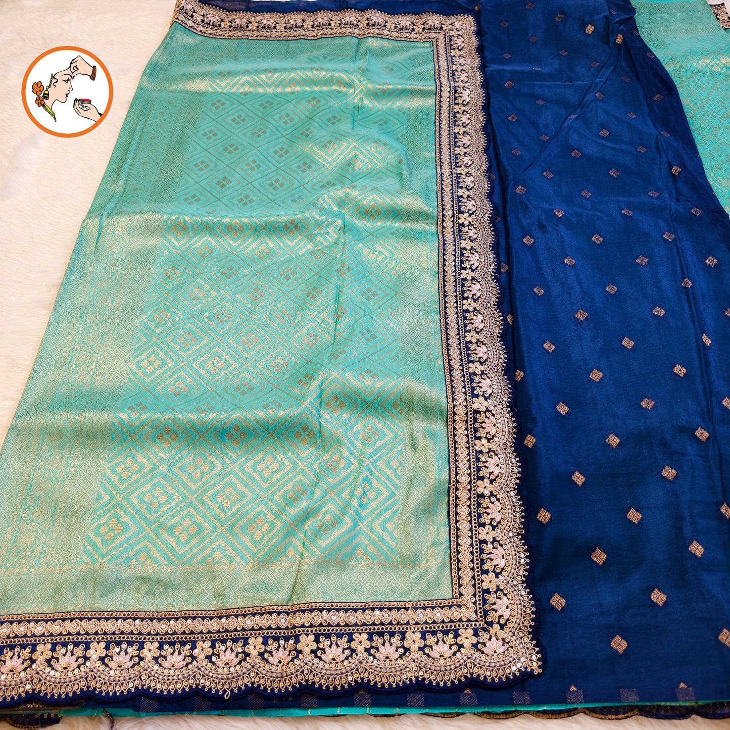 Sky Blue with Dark Blue lace border Banarasi Silk Partywear Saree