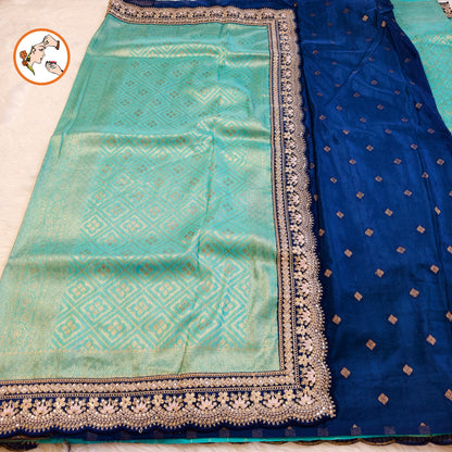 Sky Blue with Dark Blue lace border Banarasi Silk Partywear Saree